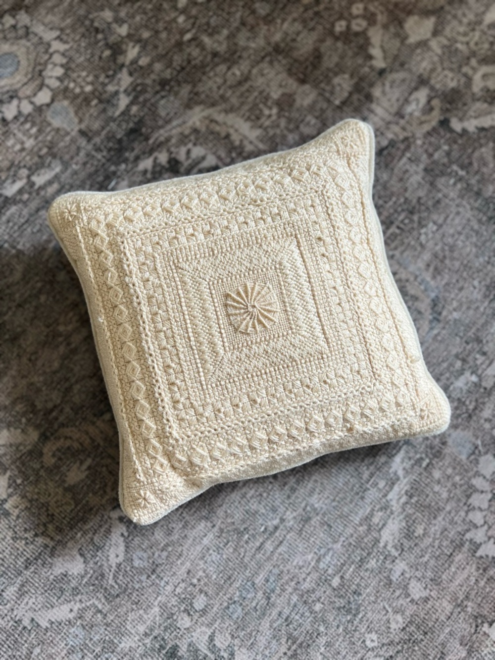 Vintage Cream Crochet Throw Pillow Textured Needlework Starburst & Velvet Back